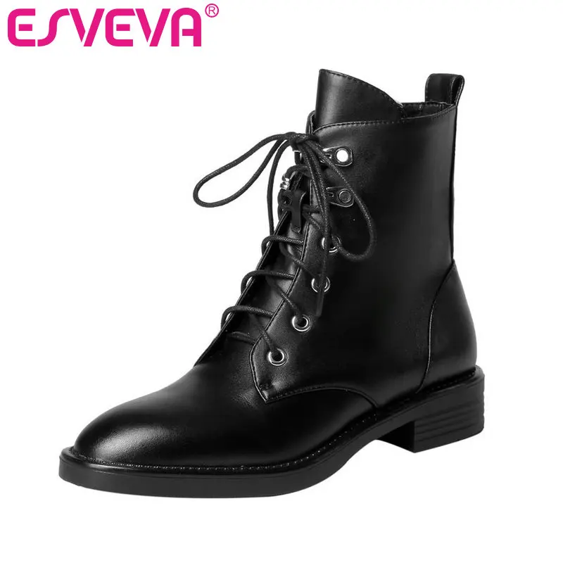 

ESVEVA 2020 Women Shoes Winter Ankle Boots Black Western Style Square Low Heel Leather+PU Motorcycle Platform Boots Size 34-39