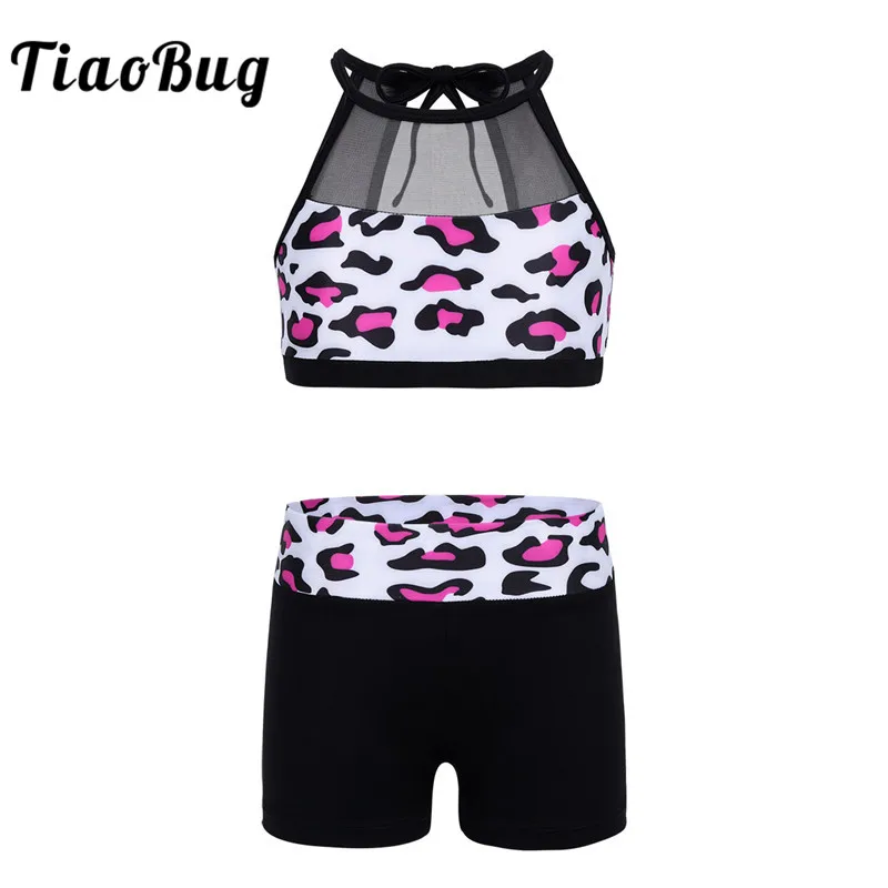 

TiaoBug Kids Sleeveless Mesh Splice Leopard Tankini Set Girl Ballet Leotards Kids Dance Wear Girls Gymnastics Top Shorts Suits