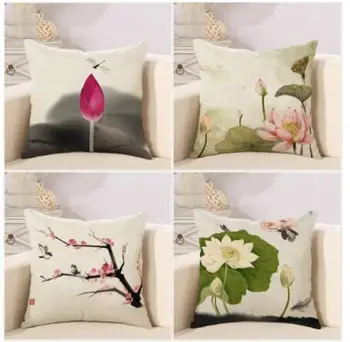 

Chinese style ink painting lotus cushion cover cotton linen throw pillow case sofa pillow cover backrest home decoration
