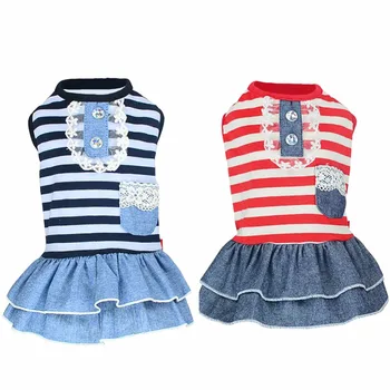 

Summer Pet Dog Lovely Clothes Costume Stripe Dress Tutu Denim Dress Dog Wedding Dress XS- XL