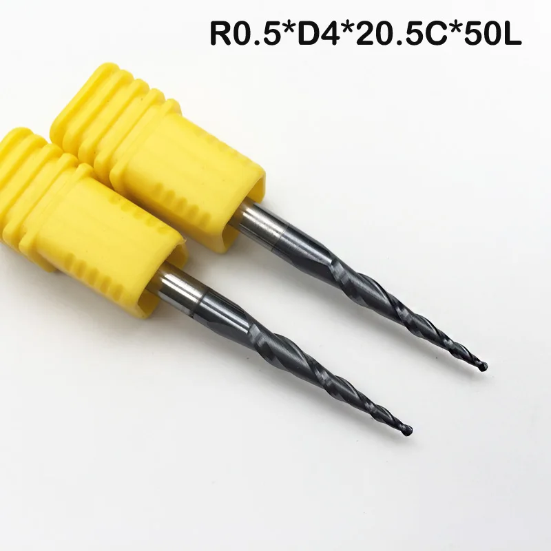 

2pcs R0.5*D4*20.5*50L*2F HRC55 Tungsten solid carbide Coated Tapered Ball Nose CNC Router End Mill taper and cone milling cutter