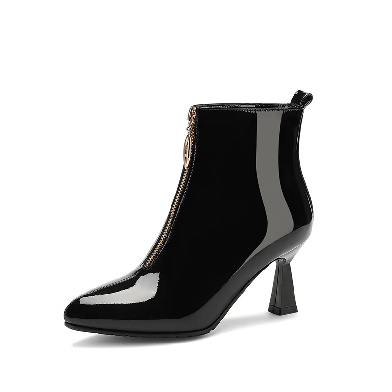 

Women's booties spring and autumn real cowhide 2019 new black high-heeled patent leather