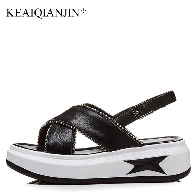 

KEAIQIANJIN Genuine Leather Platform Shoes String Bead Balck White Flat Sandals Sexy Genuine Leather Big Size 33 43 Flat Sandals