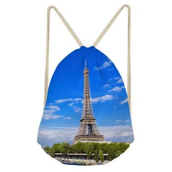 

ThiKin Famous Scenery Eiffel Tower Printed Drawstring Bags for Women Children Backpacks Small Travel Bag Girls Boys Casual