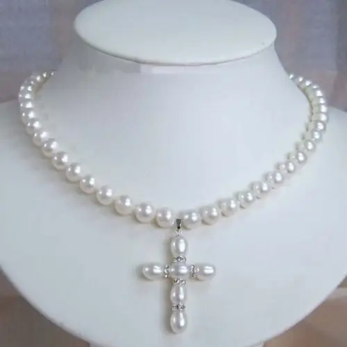 

*****JEWELRY 7-8MM PEARL AND PEARL CROSS PENDANT NECKLACE