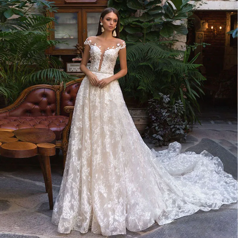 Vestido de noiva Modest Full Lace Wedding Gowns 2018 Spring Cap Sleeve Backless Bridal Gowns Custom Made Party Dress Casamento145