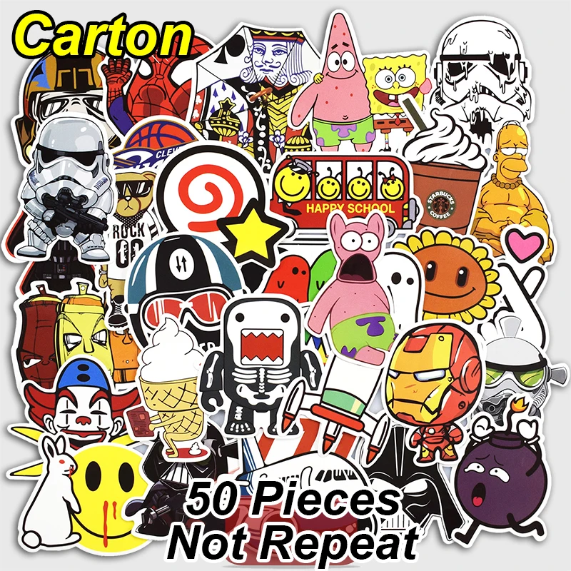 50 Pcs Cartoon Stickers Mixed Funny Cute Cartoon Style Waterproof Snowboard Luggage Laptop Motorcycle Television Doodle