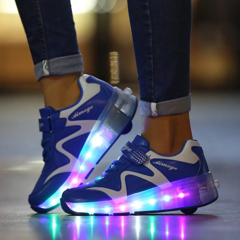  Colorful LED Double Roller Light Up Skate Shoes Women Men Flashing Automatic Glowing Pulley Roller  - 32907048854