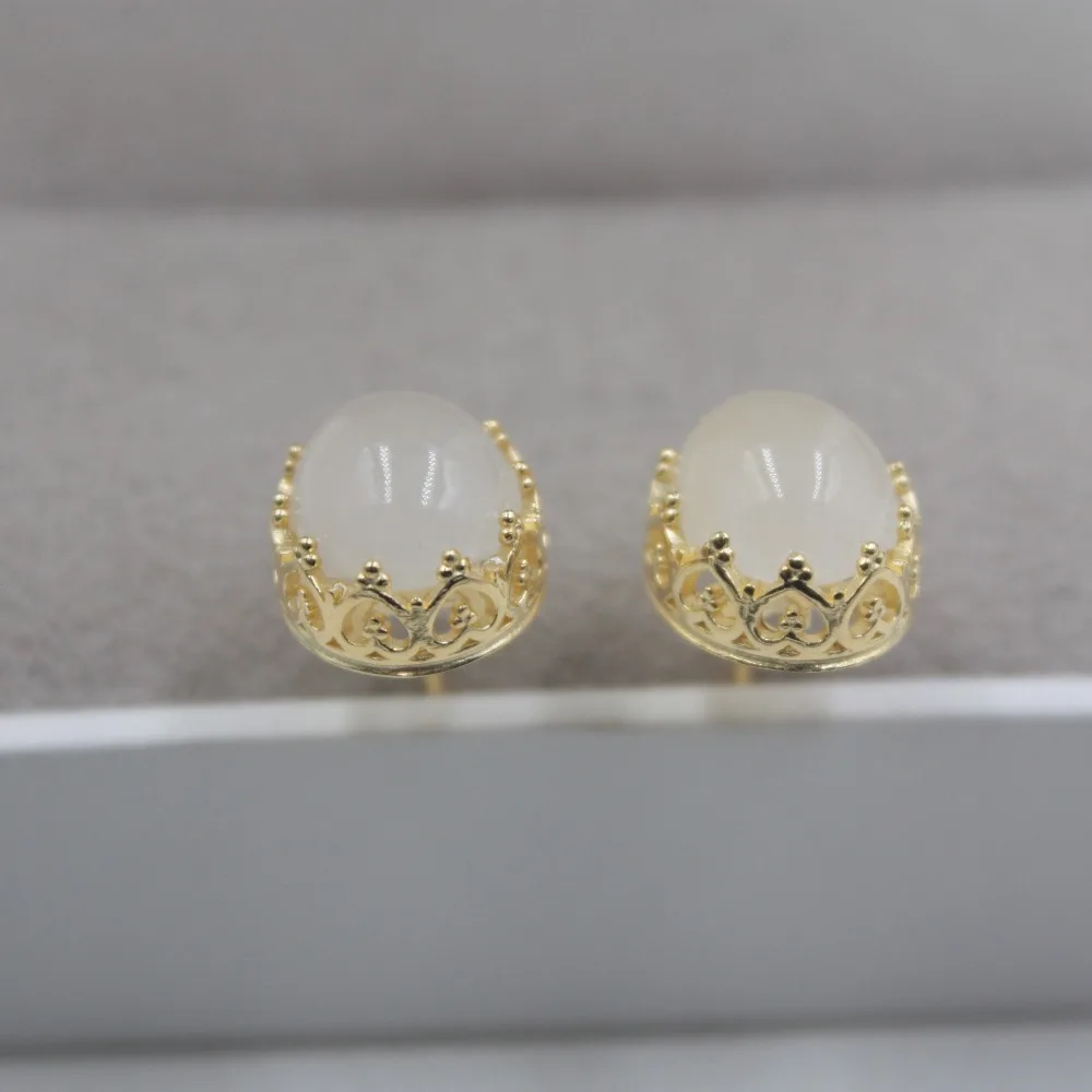 

Retro Sterling S925 Silver Earrings Hetian Jade Crown Lace For Women Ladies Girl 18*11mm Stud Earrings Hook 2018 Hot