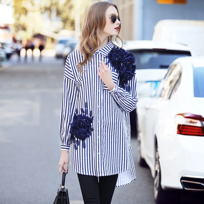 2018 Fashion Striped Loose Women Shirt 3D Florals Appliques Diamonds Turn-down Collar Single-breasted Female Shirts 2018 Fashion Striped Loose Women Shirt 3D Florals Appliques Diamonds Turn-down Collar Single-breasted Female Shirts