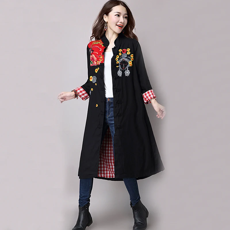 

Mferlier Vintage Trench Coat for Women Cotton Linen Long Trench Coat Retro Embroidery Patchwork Winter Women Trench Coat