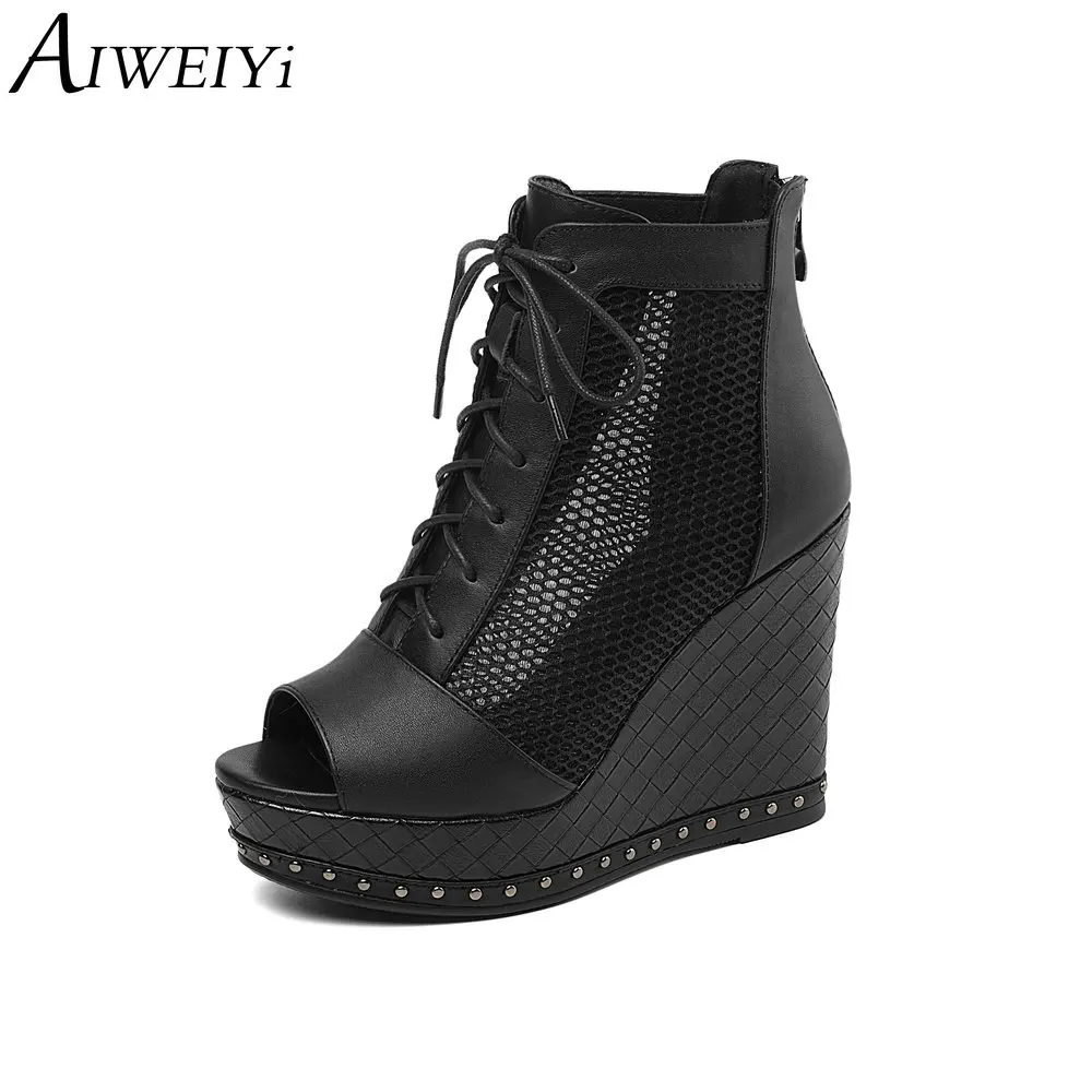 

AIWEIYi Summer Boots for Women Black Cutouts Sandals Genuine Leather Wedge Heel Ankle Boots Black Beige Short Botas Mujer