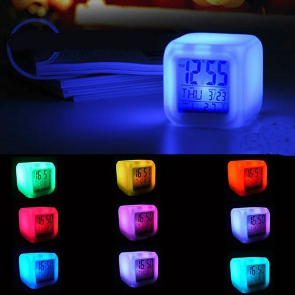 7 цветов, светящийся будильник, цифровые часы, термометр, светодиодный куб часы, отображение времени недели и температуры