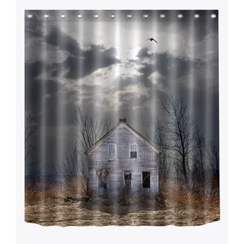 

72'' Deserted Log Cabin Dark Clouds Halloween Bathroom Waterproof Fabric Shower Curtain Polyester 12 Hooks Bath Accessory Sets