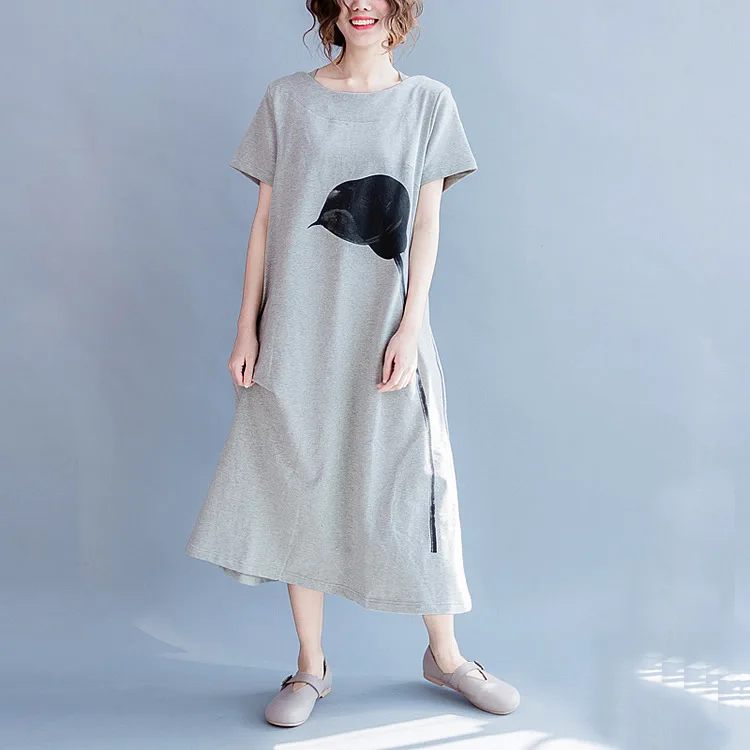 Повседневное однотонное платье с принтом для женщин, новые летние свободные платья с коротким рукавом, простые удобные платья - Цвет: Серый