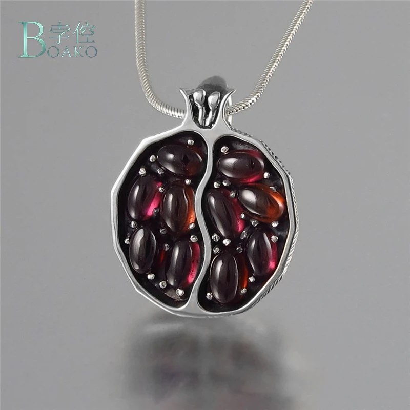 

BOAKO Pomegranate Shape Pendant Necklace Red Garnet Stone Chain Necklace wWomen Jewelry bijoux femme Vintage Necklace Chain B40