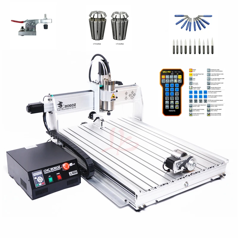 

2200W spindle 3axis mini metal cutting cnc router 8060 4axis engraving machine with cutter collet clamp vise drilling
