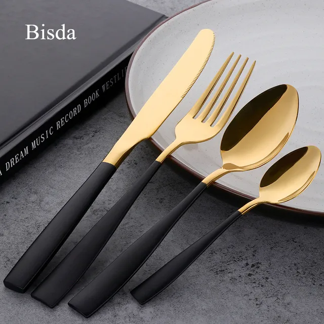 4 PCS dinnerware set black luxury stainless steel gold cutlery set ... 4 PCS dinnerware set black luxury stainless steel gold cutlery set ...