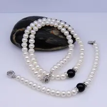 Свадебные украшения Горячие! Модный речной жемчуг ожерелье браслет набор с черными драгоценностями для молодой леди, 30 компл./лот