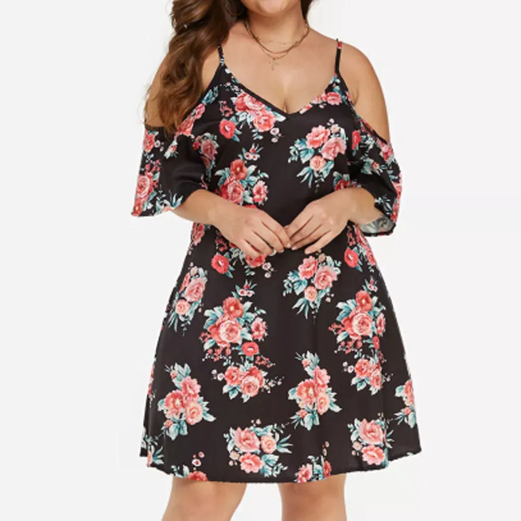 

Women Plus Size Camis Floral Print V-Neck Cold Shoulder Ruffles Knee-Length Dress Sexy Lady Beach Party Vestido Sundress z0531