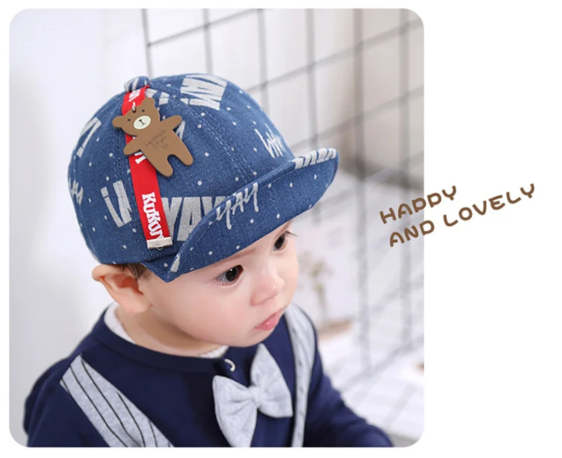 Fashion Denim Baby Caps Letter Cowboy Boys Caps Retro Print Toddler Hat With Bear Spring Summer Soft Baby Hat Baby Boys Clothing (8)