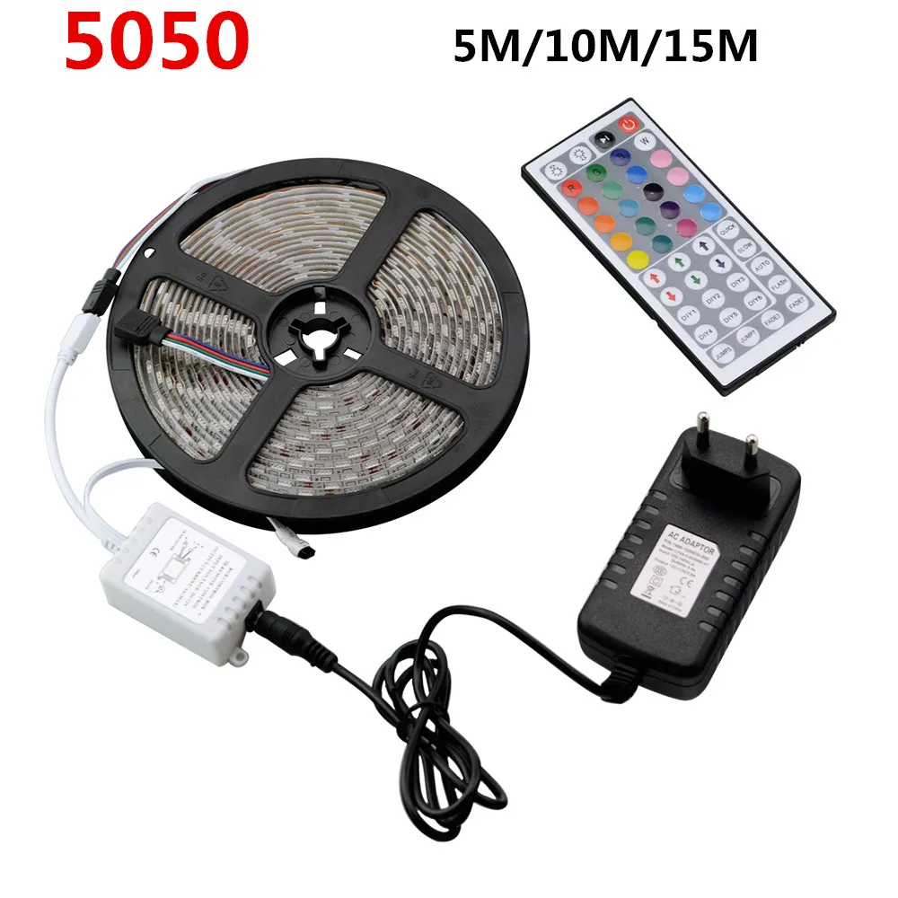 

SMD 5050 Flexible LED Strip Light RGB 5M 10M 15M 60Leds/M Stripe Tape Light With 44 key Remote Control And Power Supply Adapter