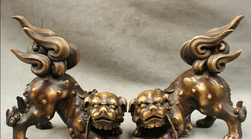 

S4057 8" FengShui Chinese Pure Bronze Copper Wealth Unicorn PiXiu Lion Statue Pair D0318