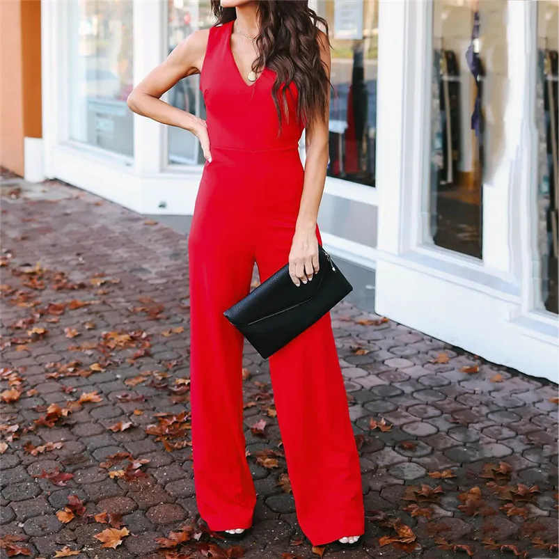 Summer Sleeveless elegant jumpsuit Womens V-Neck Solid Backless Long Playsuit Ladies Sexy loose Jumpsuit Red Clothes R04 (7)