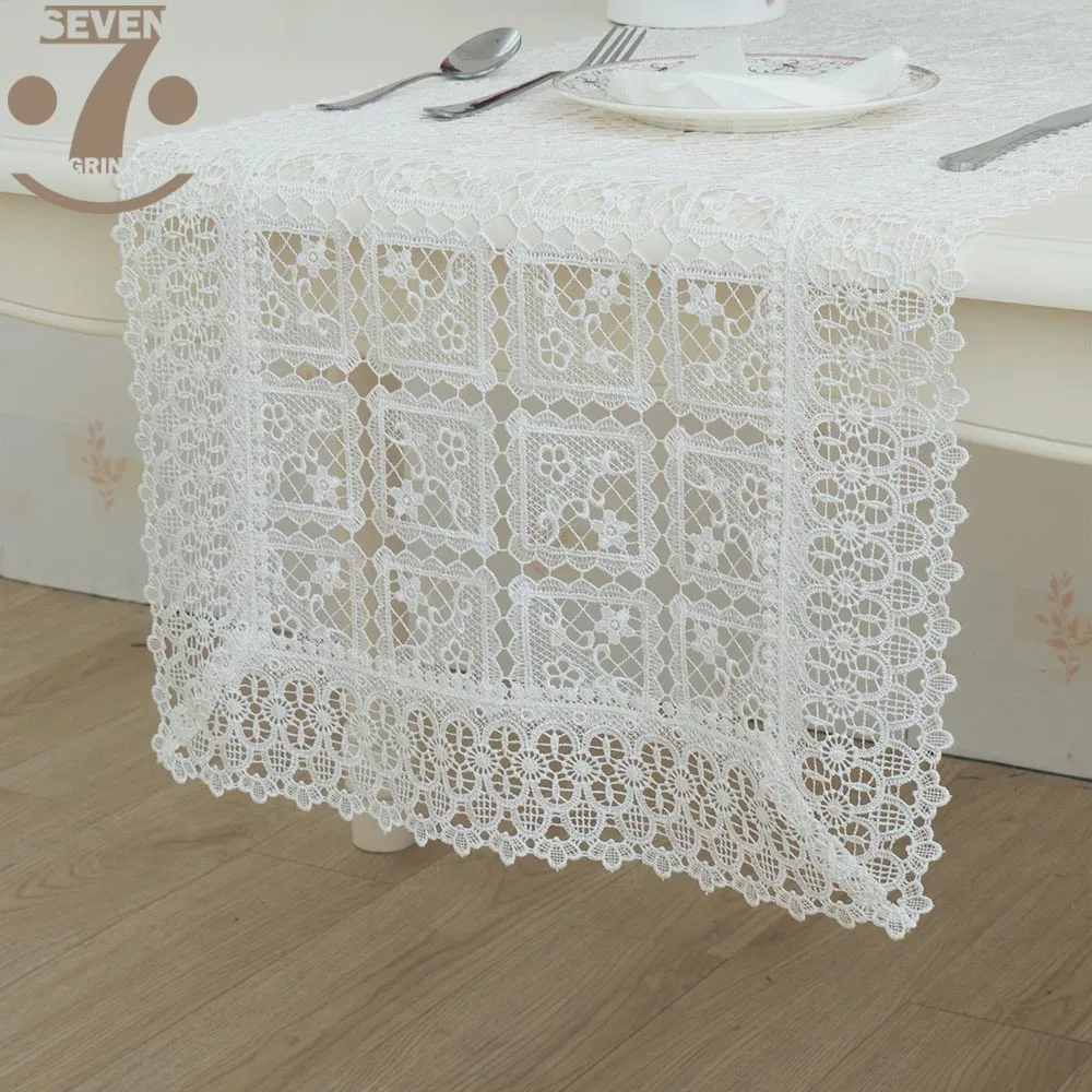 

Free Shipping Home Decorative White Color Hollow Out Plaid Embroidered Table Runner