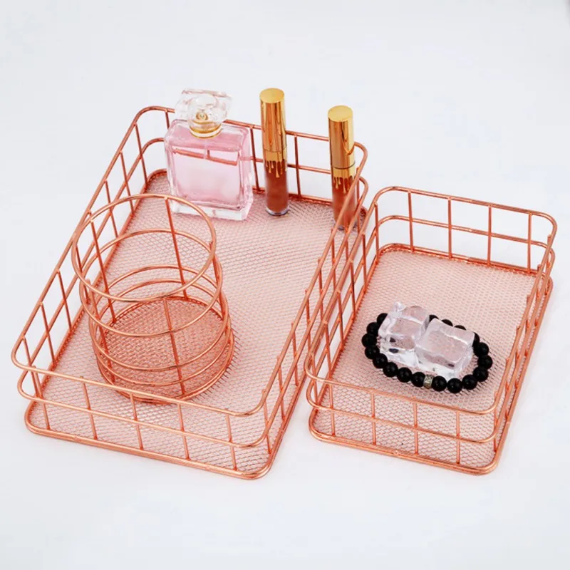  Nordic Rose Gold Metal Storage Basket Cosmetic Organizer Holder Office Desk Kitchen Bathroom Shelf 