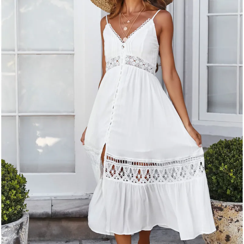 

Women Hollow-out Boho Mid-Half Dress Sleeveless Beach Style Hawaii Summer White Sundress