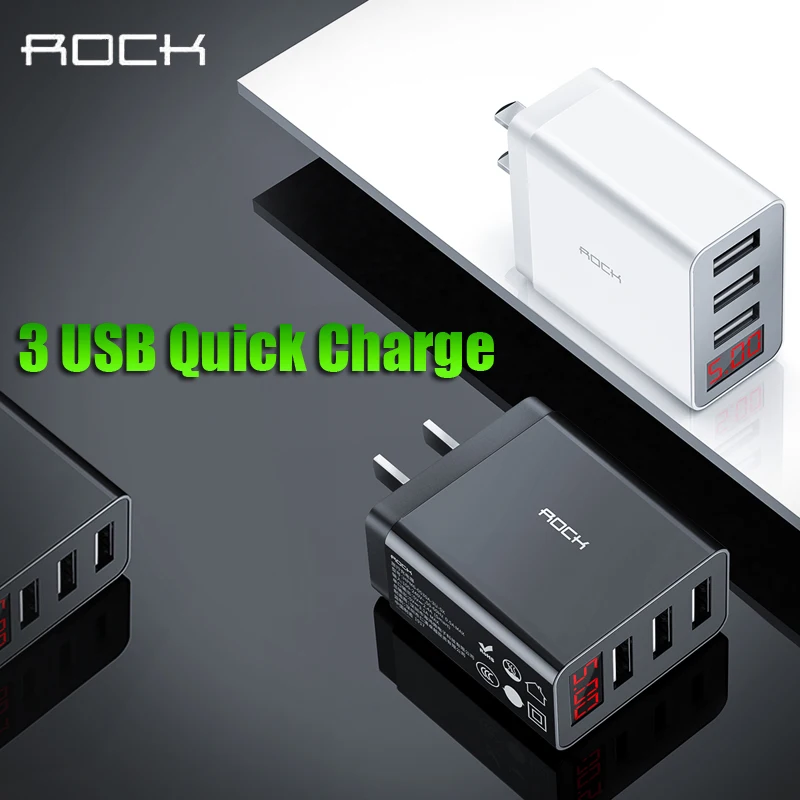

3 USB Charger US Plug Rock Digital Display 5V-3.1A MAX Quick Charging Travel Adapter For iPhone X XS Max Samsung Huawei Xiaomi
