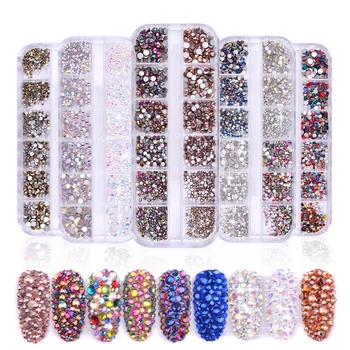 

1 Case Glass Rhinestones Nail Decoration Multi-size Flat-Back AB Crystal Strass No Hot Fix Glue Glitter Designs Nail Art Deco