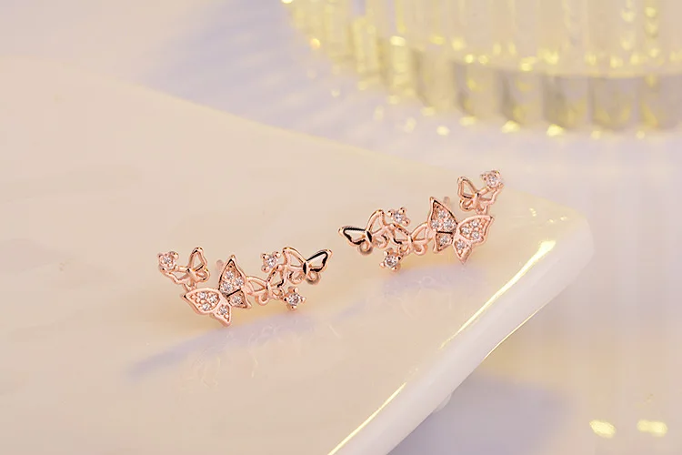925 Стерлинговое Серебро серьги-гвоздики с кристаллами серьги бабочки для женщин розовое золото Корея ювелирные изделия Новинка