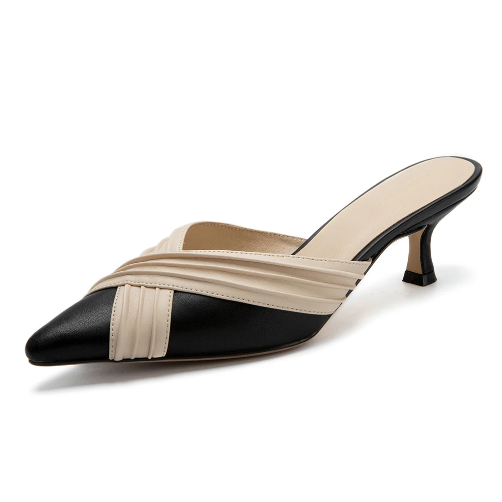 

RIBETRINI New Fashion Genuine Cow Leather Pointed Toe Elegant Pumps Woman Shoes Slip On Mix Color Shoes Woman Pumps Female