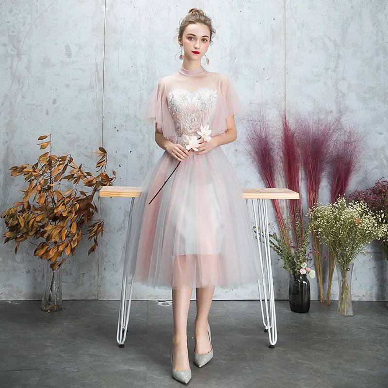SSYfashion элегантное платье длиной до колен с аппликацией из тюля розовое платье подружки невесты свадебные вечерние платья для женщин платья для особых случаев