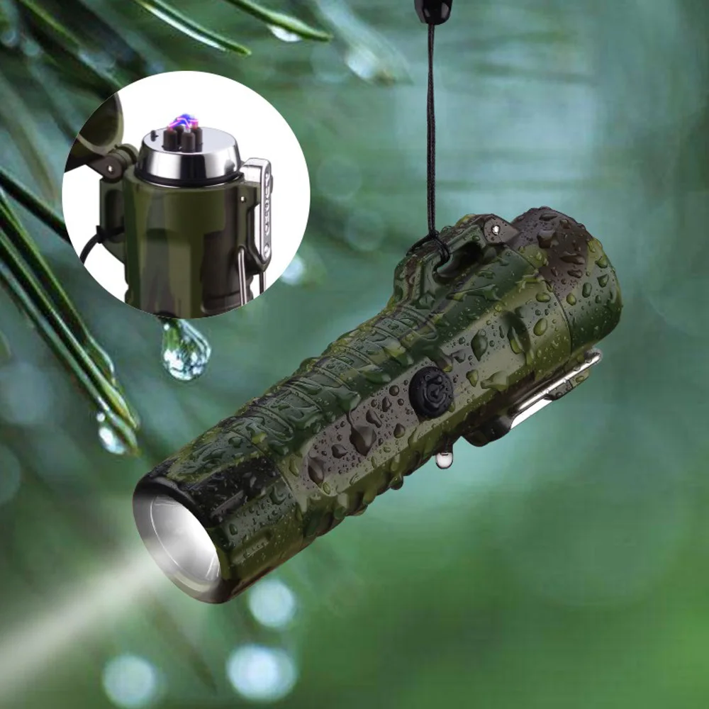  1 PC Outdoor Camping Flashlight LED Light Multi-function USB Lighter Waterproof Double Arc Charging