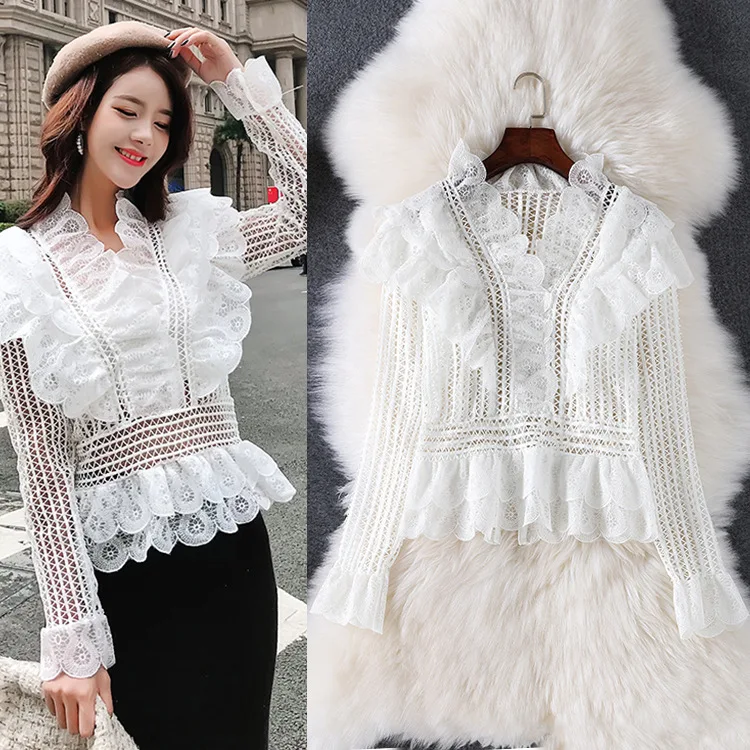 

2019 Spring Summer Sweet Women New Red Korean Version of The Lotus Leaf Edge Cut Out Lace Shirt Temperament Shirt Women Blouse
