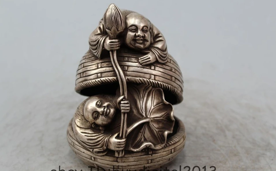 

6" Marked China Chinese Dynasty Silver Two monk Statue Incense Burner Censer