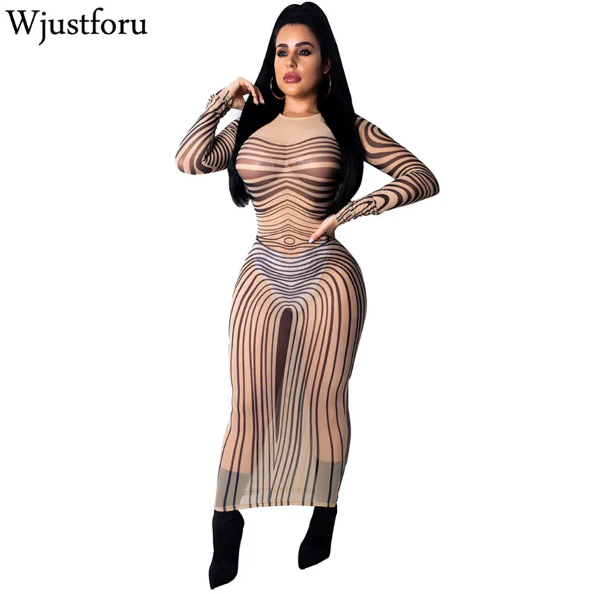 Wjustforu Srriped Сетчатое платье с принтом Vestidos модное облегающее элегантное миди