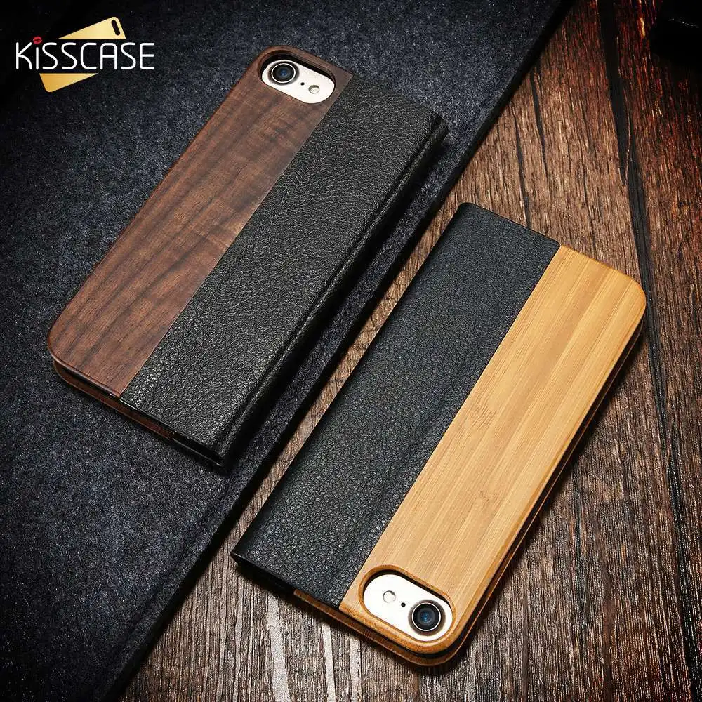 

KISSCASE Flip Wallet Cases For iPhone 6 6S 7 8 Plus Cover Retro Natural Real Wood Phone Shell For iPhone 6 6S 7 8 Plus X 10 Case