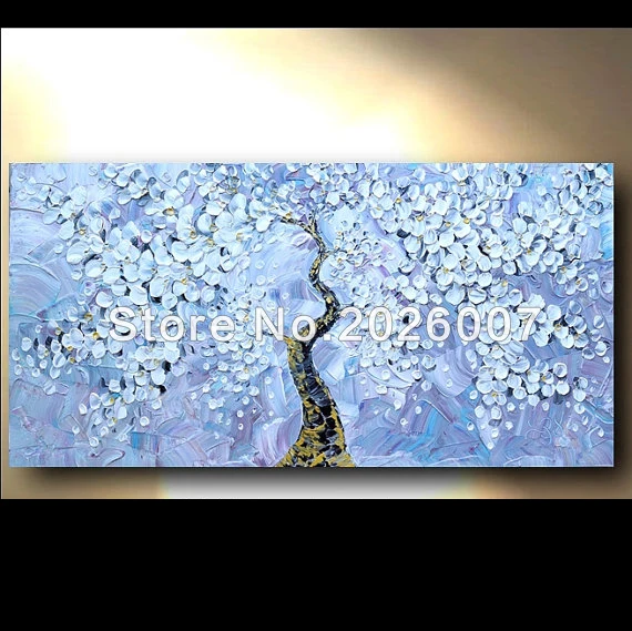 

Hand Painted Abstract Thick Palette Knife Flowering Tree Light Purple Blue GoldGallery Oil Painting On Canvas Painting Abstract