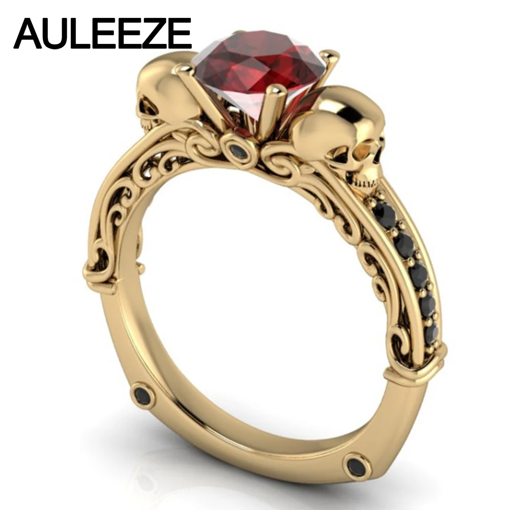 

Halloween Filigree Individuality Ring 10K Yellow Gold Wedding Ring 1CT Natural Red Garnet Double Skull Engagement Ring For Women
