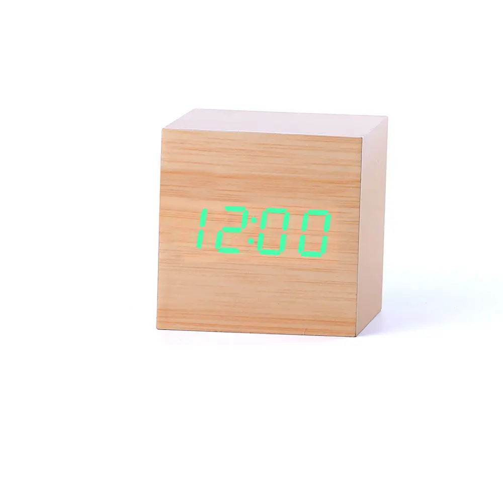 Деревянный квадратный светодиодный Будильник, настольный цифровой термометр, деревянные часы USB/AAA, настольные часы, домашний декор - Цвет: Bamboo Green LED