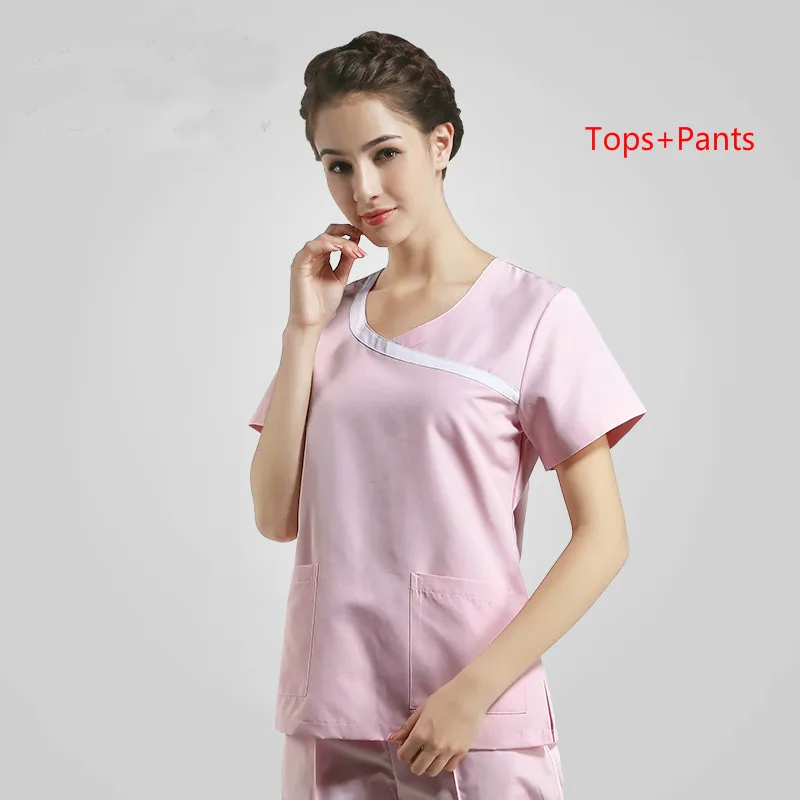 Униформа медсестры женский короткий рукав костюм медика комплекты одежды больничный доктор стоматологическая клиника салон красоты модный дизайн тонкий - Цвет: Розовый