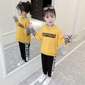 

Children's Suits Spring Sportwear For Girls Clothing Sets Letter Patchwork Sweatshirt Cotton Tops Striped+Trousers Teenage Pants