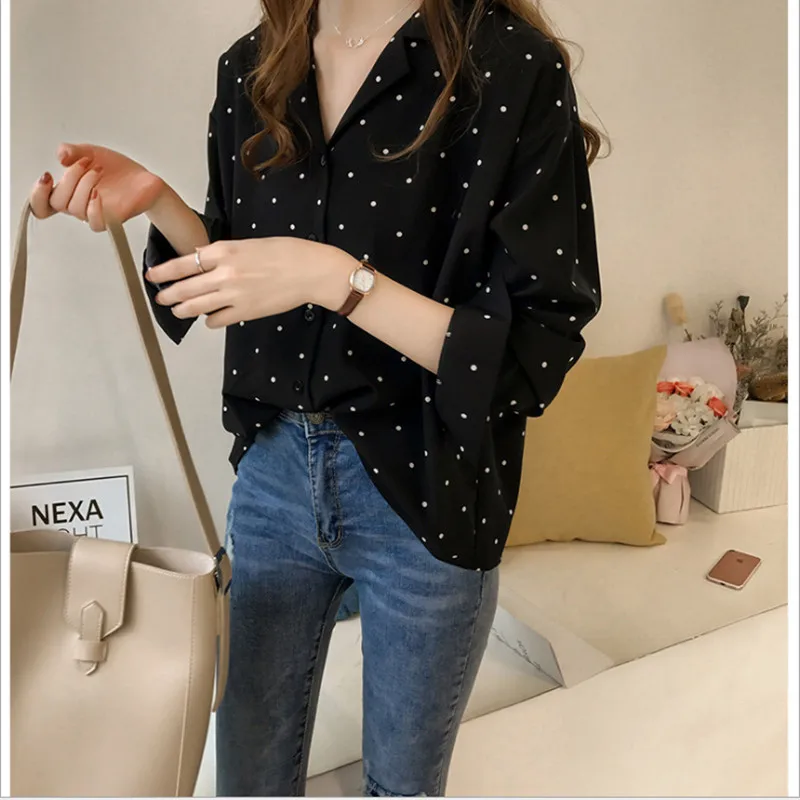 

Plus Size 4XL Chiffon Blouse Women 2019 Spring Autumn Polka Dot Printed Notched Long Sleeve Shirt Loose Casual Ladies Tops