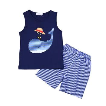 

Kids Baby Boy 2Pcs Cotton Soft Cartoon Whale Printing Outfit Sleeveless Vest Tops+Stripe Short Pant Set Toddler Summer Clothes