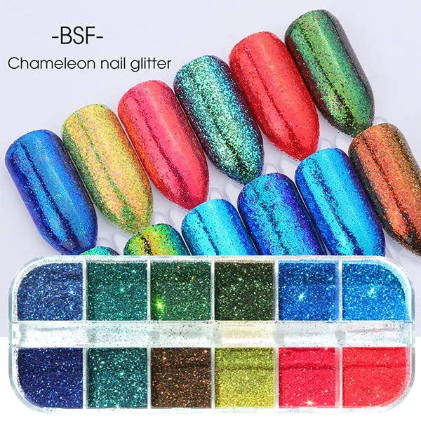 Полная красота 12 цветов Блеск для ногтей порошок лазерные блестки для нейл-арта голографические цветные яркие маникюрные инструменты украшения CHL-2 - Цвет: BSF