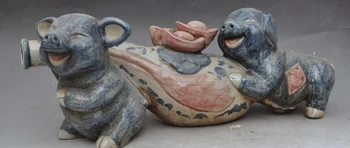 

old chinese WuCai Porcelain zodiac animal pig Swine wealth Auspicious statue